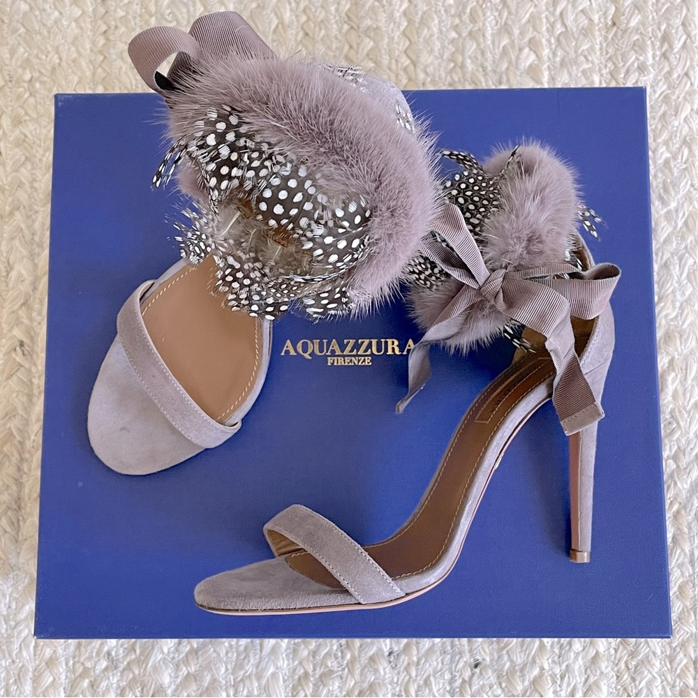 Aquazzura Iris Sandals with Mink and Feather Ankle Straps